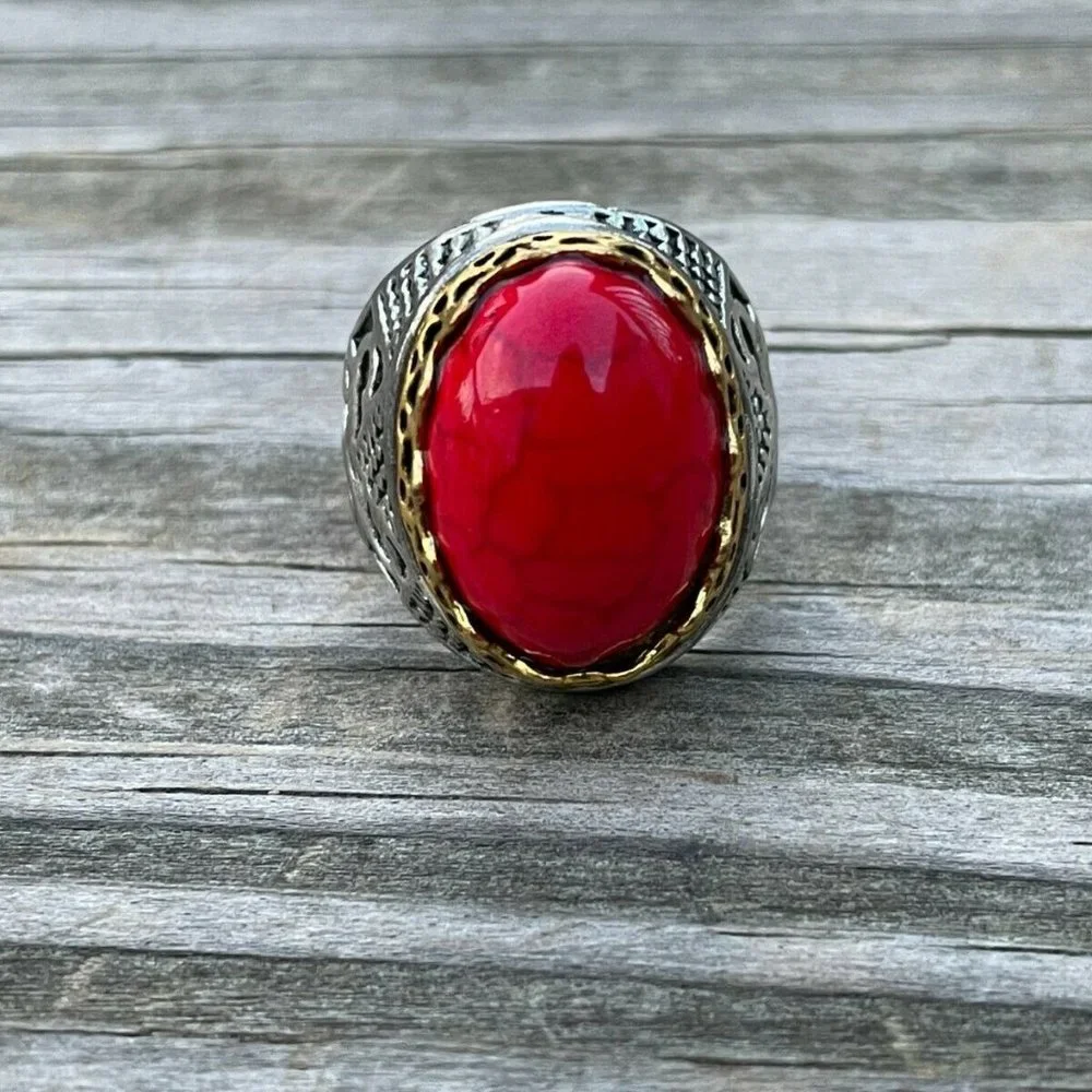 Men Rings Faux Red Stone SilverGold Rings Men Fashion Jewelry Size 8